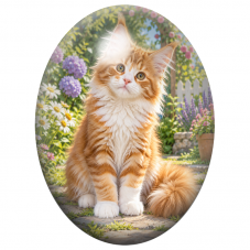 Cabochon en Verre Illustré Chaton Maine Coon Roux dans un Jardin Fleuri 13x18, 18x25 ou 30x40mm pour la Création de Bijoux Fanta