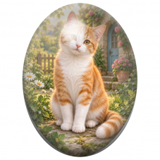 Cabochon en Verre Illustré Chat Roux et Blanc devant une Maison Fleurie 13x18, 18x25 ou 30x40mm pour la Création de Bijoux Fanta