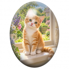 Cabochon en Verre Illustré Chaton Roux et Blanc à la Fenêtre Fleurie 13x18, 18x25 ou 30x40mm pour la Création de Bijoux Fantaisi
