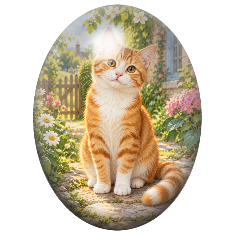 Cabochon en Verre Illustré Chat Roux et Blanc sous les Fleurs de Pommier 13x18, 18x25 ou 30x40mm