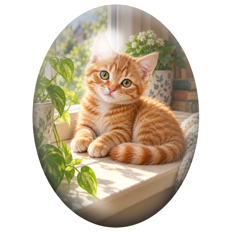 Cabochon en Verre Illustré Chaton Roux sur un Rebord Ensoleillé 13x18, 18x25 ou 30x40mm