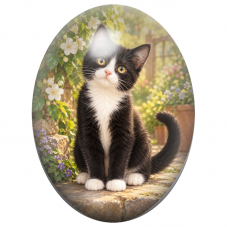 Cabochon en Verre Illustré Chaton Noir et Blanc au Jardin 13x18, 18x25 ou 30x40mm pour la Création de Bijoux Fantaisie - DIY