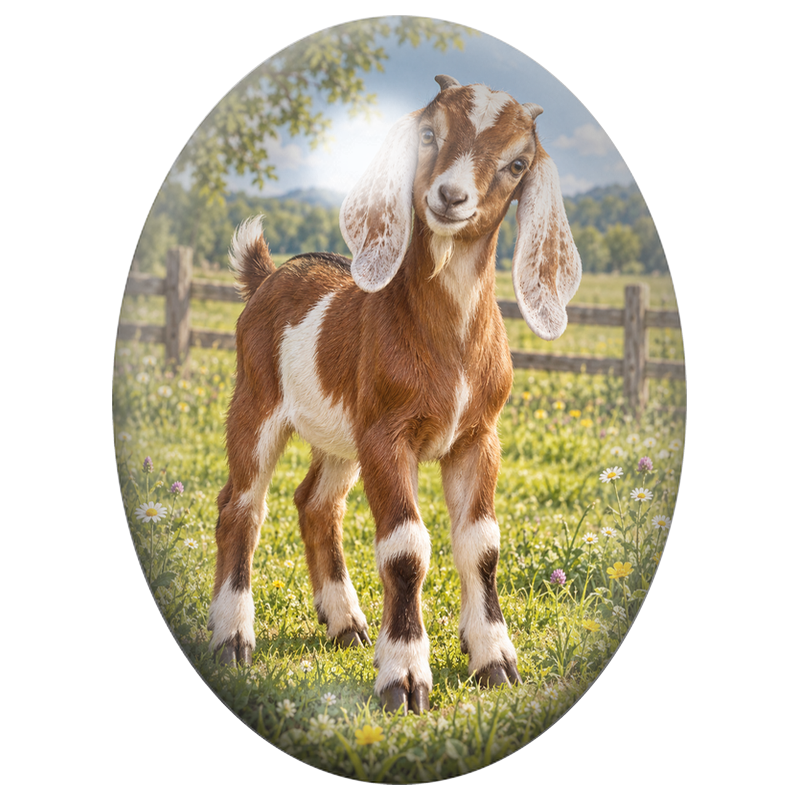 Cabochon en Verre Illustré Chevreau Brun et Blanc dans la Prairie 13x18, 18x25 ou 30x40mm