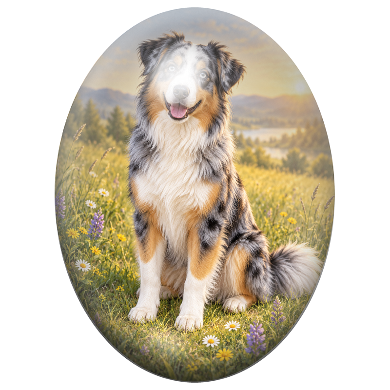 Cabochon en Verre Illustré Berger Australien au Soleil Couchant 13x18, 18x25 ou 30x40mm