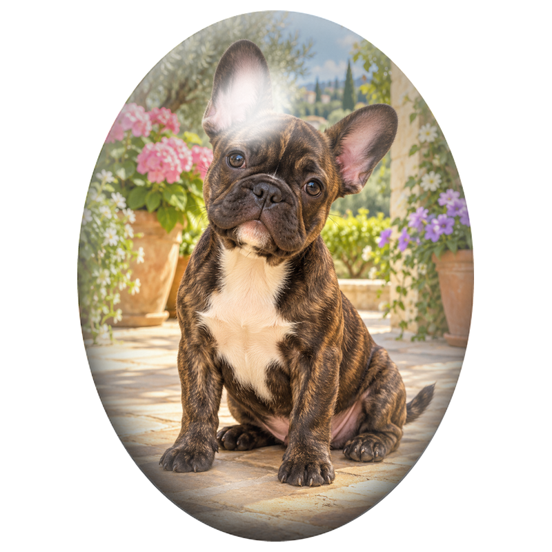 Cabochon en Verre Illustré Chiot Bouledogue Français Bringé au Jardin 13x18, 18x25 ou 30x40mm