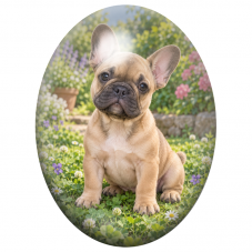 Cabochon en Verre Illustré Chiot Bouledogue Français Fauve dans les Fleurs 13x18, 18x25 ou 30x40mm pour la Création de Bijoux Fa
