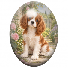 Cabochon en Verre Illustré Cavalier King Charles parmi les Roses 13x18, 18x25 ou 30x40mm pour la Création de Bijoux Fantaisie - 