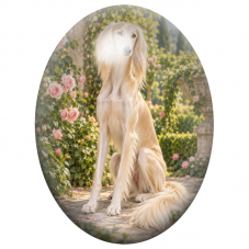 Cabochon en Verre Illustré Lévrier Saluki Crème dans une Roseraie 13x18, 18x25 ou 30x40mm pour la Création de Bijoux Fantaisie -