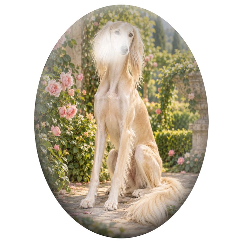 Cabochon en Verre Illustré Lévrier Saluki Crème dans une Roseraie 13x18, 18x25 ou 30x40mm