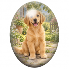 Cabochon en Verre Illustré Chiot Golden Retriever dans le Jardin 13x18, 18x25 ou 30x40mm pour la Création de Bijoux Fantaisie - 
