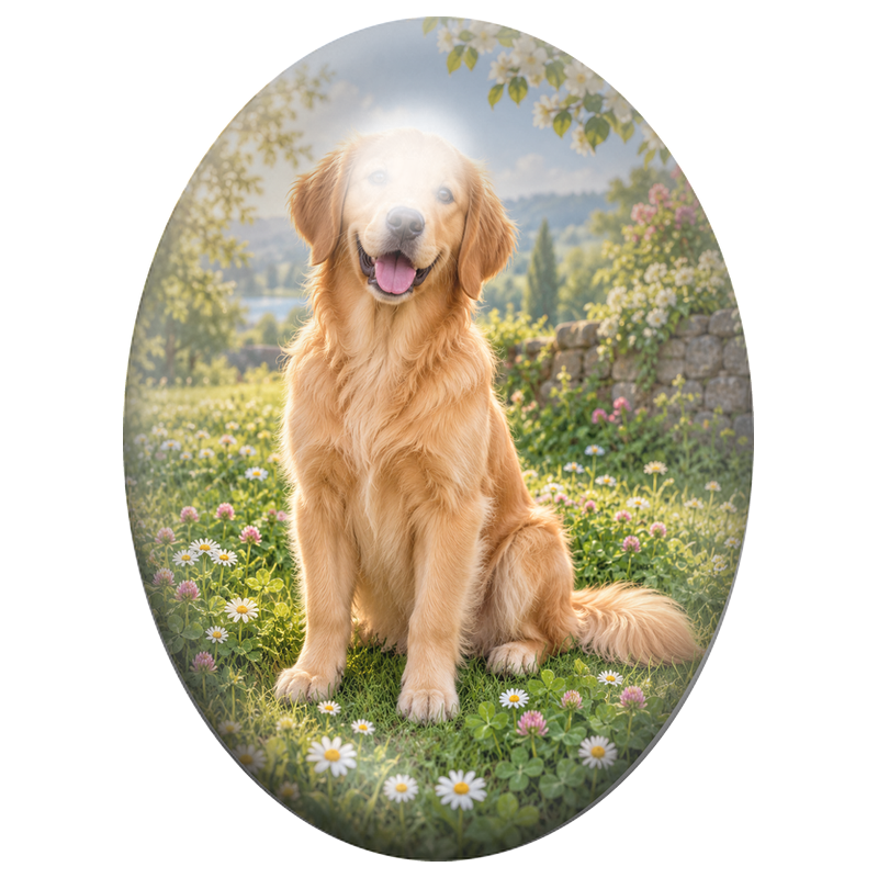 Cabochon en Verre Illustré Golden Retriever dans une Prairie au Soleil 13x18, 18x25 ou 30x40mm