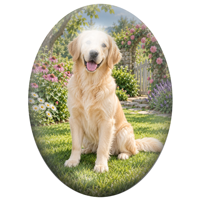 Cabochon en Verre Illustré Golden Retriever Crème au Jardin 13x18, 18x25 ou 30x40mm