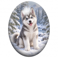 Cabochon en Verre Illustré Chiot Husky aux Yeux Bleus dans la Neige 13x18, 18x25 ou 30x40mm pour la Création de Bijoux Fantaisie