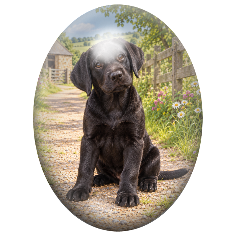 Cabochon en Verre Illustré Chiot Labrador Noir sur un Chemin de Ferme 13x18, 18x25 ou 30x40mm