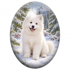 Cabochon en Verre Illustré Samoyède Blanc dans la Neige 13x18, 18x25 ou 30x40mm pour la Création de Bijoux Fantaisie - DIY