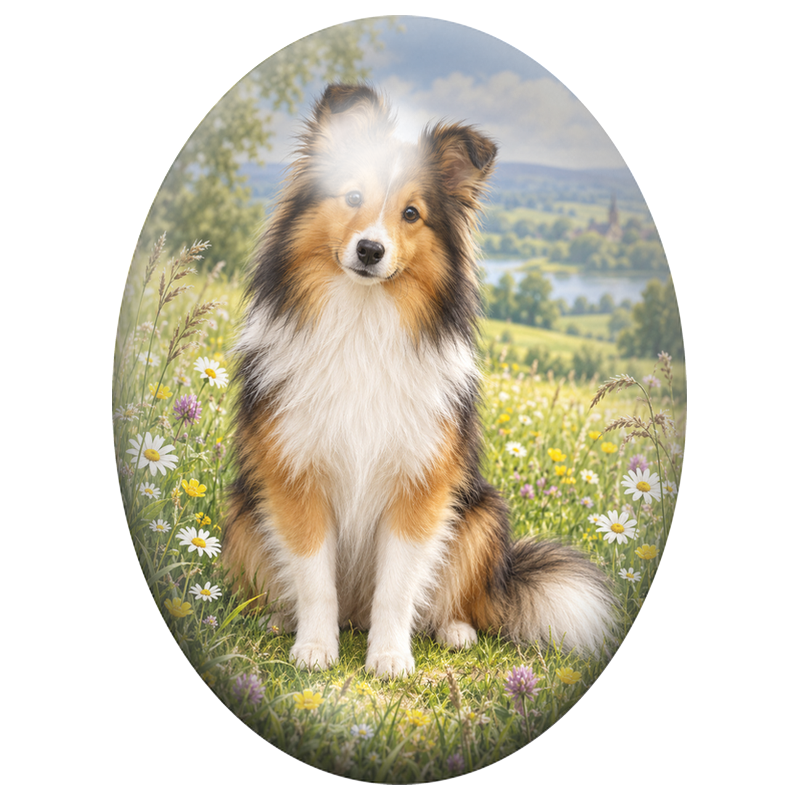 Cabochon en Verre Illustré Berger des Shetland dans une Prairie 13x18, 18x25 ou 30x40mm