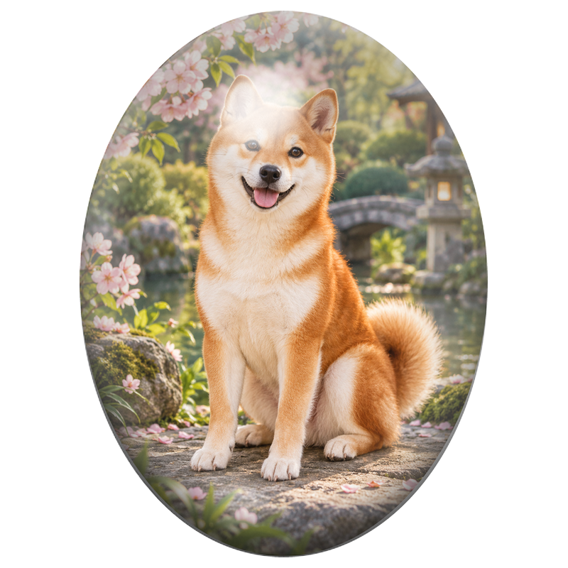 Cabochon en Verre Illustré Shiba Inu dans un Jardin Japonais 13x18, 18x25 ou 30x40mm
