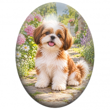 Cabochon en Verre Illustré Chiot Shih Tzu Roux et Blanc au Jardin 13x18, 18x25 ou 30x40mm pour la Création de Bijoux Fantaisie -