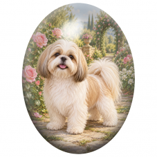 Cabochon en Verre Illustré Shih Tzu Crème dans une Roseraie 13x18, 18x25 ou 30x40mm pour la Création de Bijoux Fantaisie - DIY