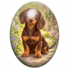 Cabochon en Verre Illustré Chiot Teckel Chocolat parmi les Fleurs 13x18, 18x25 ou 30x40mm pour la Création de Bijoux Fantaisie -