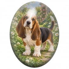 Cabochon en Verre Illustré Basset Hound dans un Jardin de Campagne 13x18, 18x25 ou 30x40mm pour la Création de Bijoux Fantaisie 