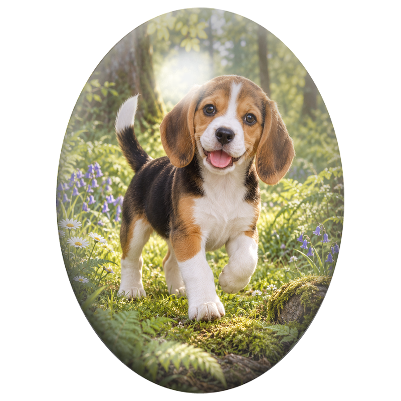 Cabochon en Verre Illustré Chiot Beagle Courant dans les Sous-Bois 13x18, 18x25 ou 30x40mm