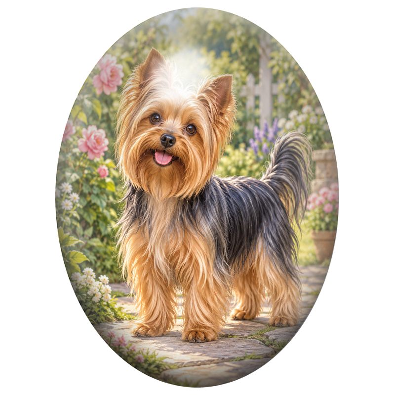 Cabochon en Verre Illustré Yorkshire Terrier dans un Jardin de Roses 13x18, 18x25 ou 30x40mm