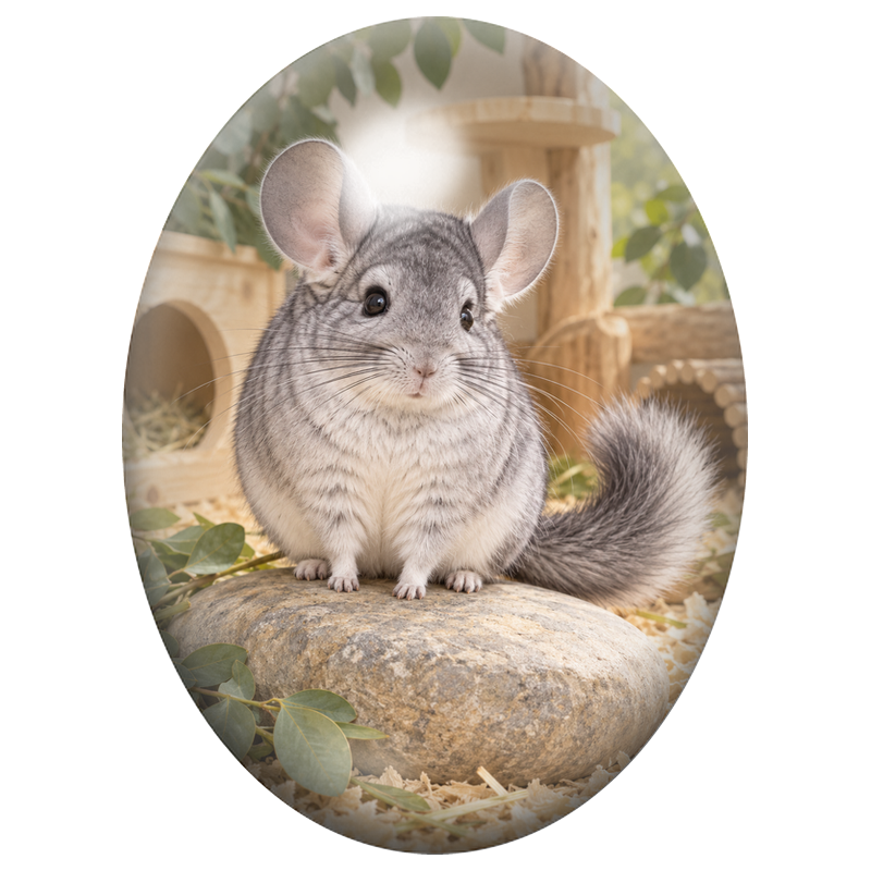 Cabochon en Verre Illustré Chinchilla Gris dans son Petit Refuge 13x18, 18x25 ou 30x40mm