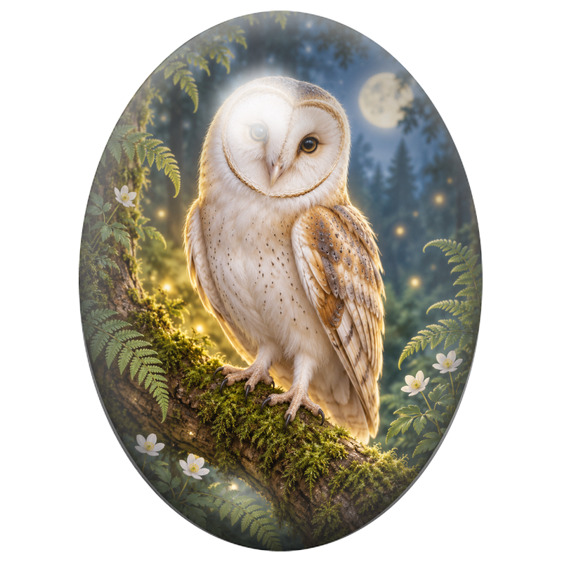 Cabochon en Verre Illustré Effraie des Clochers sous la Pleine Lune 13x18, 18x25 ou 30x40mm