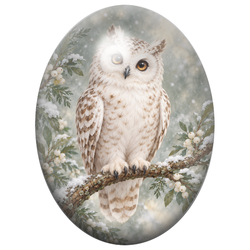 Cabochon en Verre Illustré Chouette Blanche sur une Branche Enneigée 13x18, 18x25 ou 30x40mm