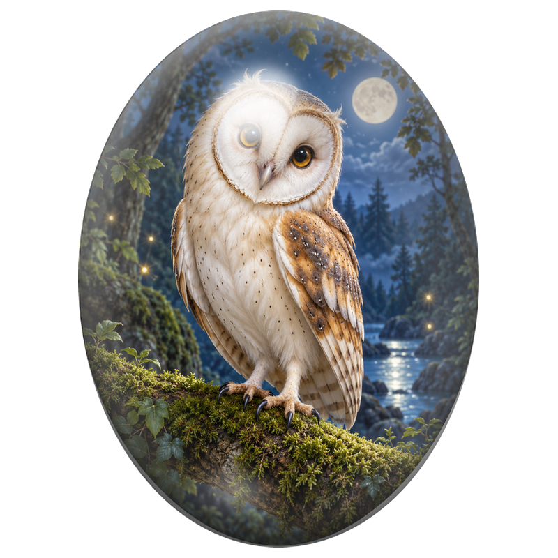 Cabochon en Verre Illustré Effraie des Clochers au Clair de Lune 13x18, 18x25 ou 30x40mm