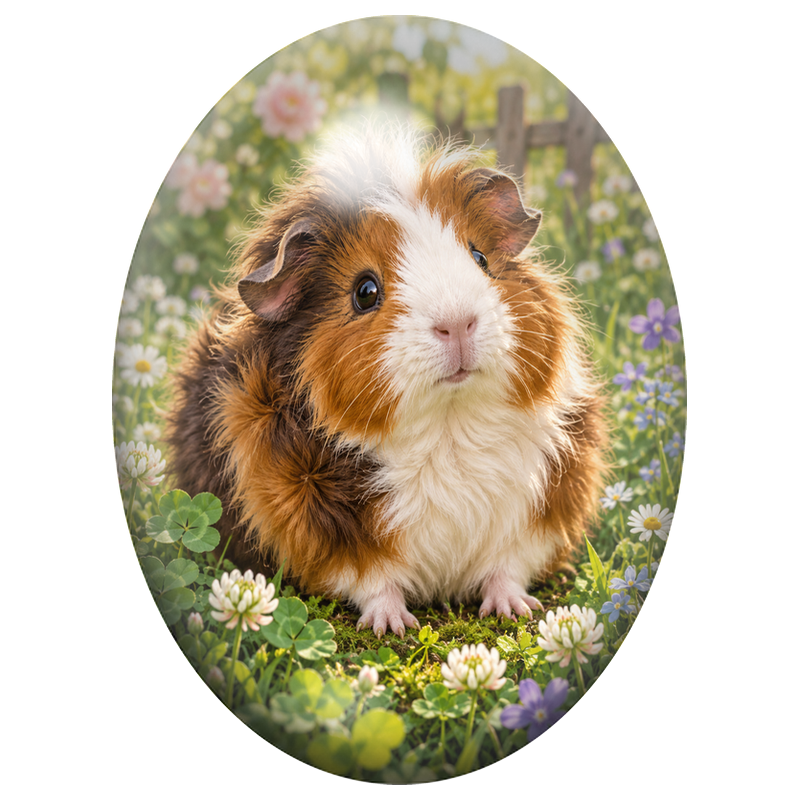 Cabochon en Verre Illustré Cochon d’Inde Tricolore dans le Trèfle 13x18, 18x25 ou 30x40mm