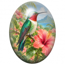 Cabochon en Verre Illustré Colibri à Gorge Rouge près d’un Hibiscus 13x18, 18x25 ou 30x40mm pour la Création de Bijoux Fantaisie