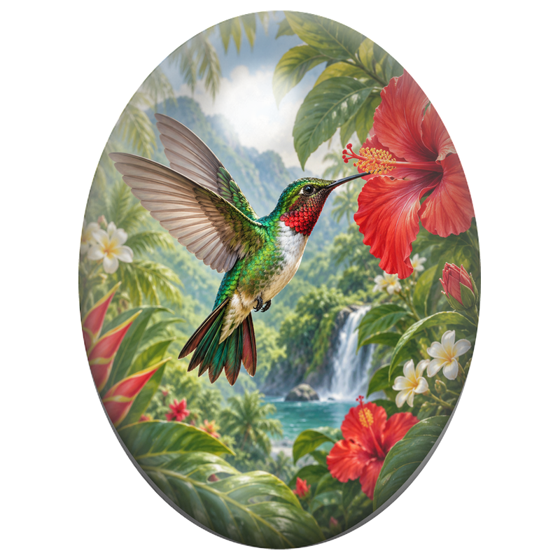 Cabochon en Verre Illustré Colibri Butinant un Hibiscus Rouge 13x18, 18x25 ou 30x40mm
