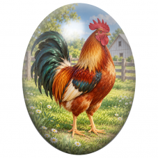 Cabochon en Verre Illustré Coq Coloré devant la Ferme 13x18, 18x25 ou 30x40mm pour la Création de Bijoux Fantaisie - DIY