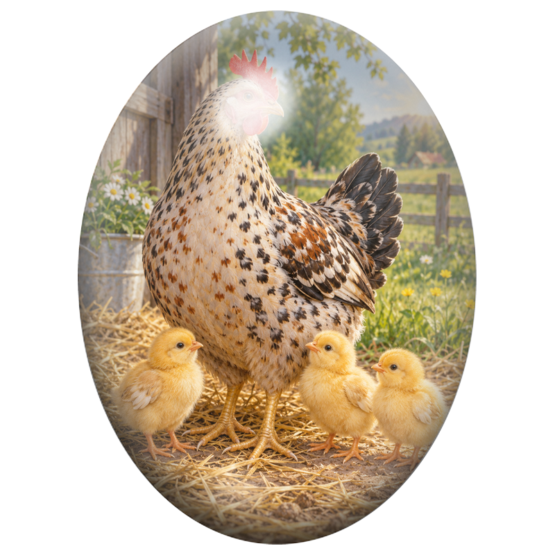 Cabochon en Verre Illustré Poule Tachetée avec ses Poussins 13x18, 18x25 ou 30x40mm
