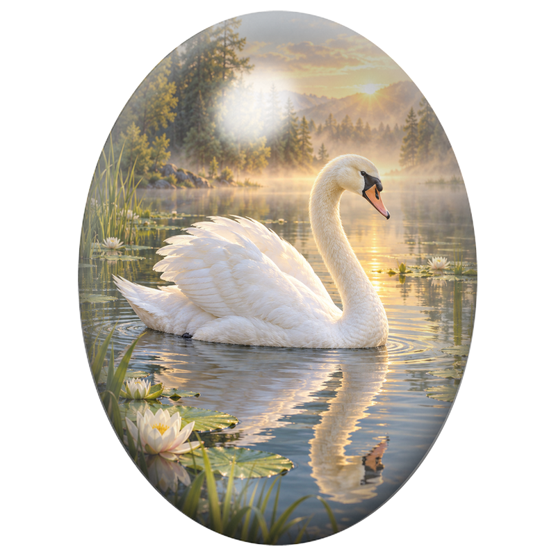 Cabochon en Verre Illustré Cygne Blanc sur un Lac au Crépuscule 13x18, 18x25 ou 30x40mm