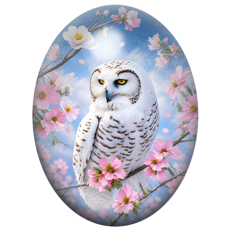 Cabochon en Verre Illustré Harfang des Neiges parmi les Fleurs Roses 13x18, 18x25 ou 30x40mm