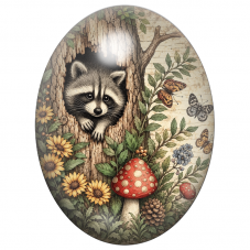 Cabochon en Verre Illustré Raton Laveur dans un Arbre aux Champignons 13x18, 18x25 ou 30x40mm pour la Création de Bijoux Fantais