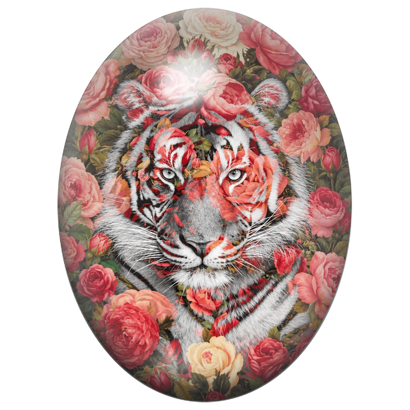 Cabochon en Verre Illustré Tigre aux Roses Rouges 13x18, 18x25 ou 30x40mm