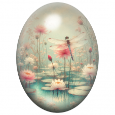 Cabochon en Verre Illustré Libellule au-dessus des Nénuphars Pastel 13x18, 18x25 ou 30x40mm pour la Création de Bijoux Fantaisie