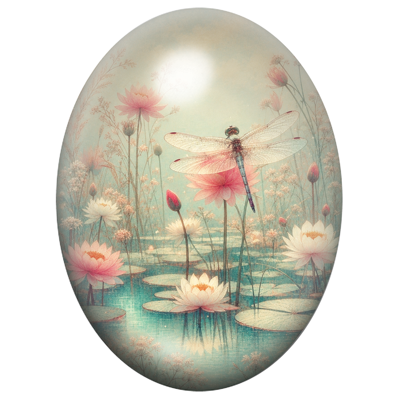 Cabochon en Verre Illustré Libellule au-dessus des Nénuphars Pastel 13x18, 18x25 ou 30x40mm
