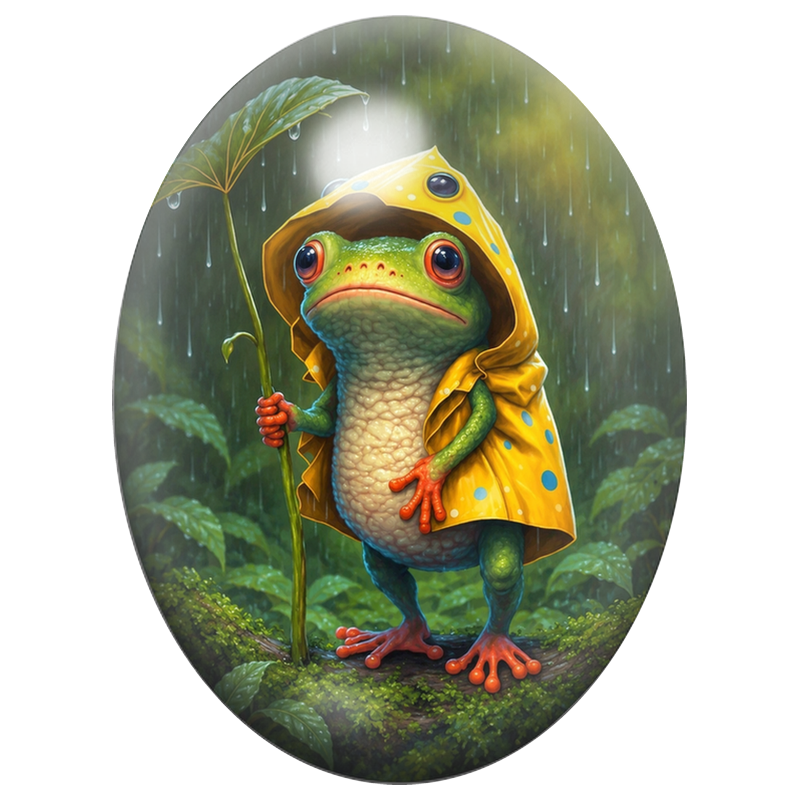 Cabochon en Verre Illustré Grenouille en Ciré Jaune sous la Pluie 13x18, 18x25 ou 30x40mm