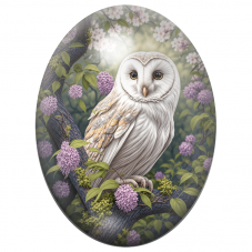 Cabochon en Verre Illustré Chouette Blanche parmi les Lilas 13x18, 18x25 ou 30x40mm pour la Création de Bijoux Fantaisie - DIY