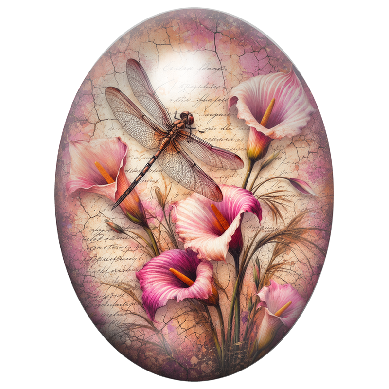 Cabochon en Verre Illustré Libellule Vintage aux Arums Roses 13x18, 18x25 ou 30x40mm