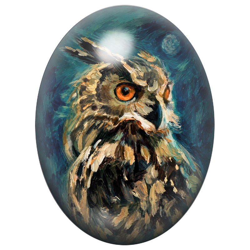 Cabochon en Verre Illustré Hibou Peint sous la Lune Bleue 13x18, 18x25 ou 30x40mm