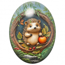 Cabochon en Verre Illustré Hérisson et Pomme dans un Cadre de Bois 13x18, 18x25 ou 30x40mm pour la Création de Bijoux Fantaisie 