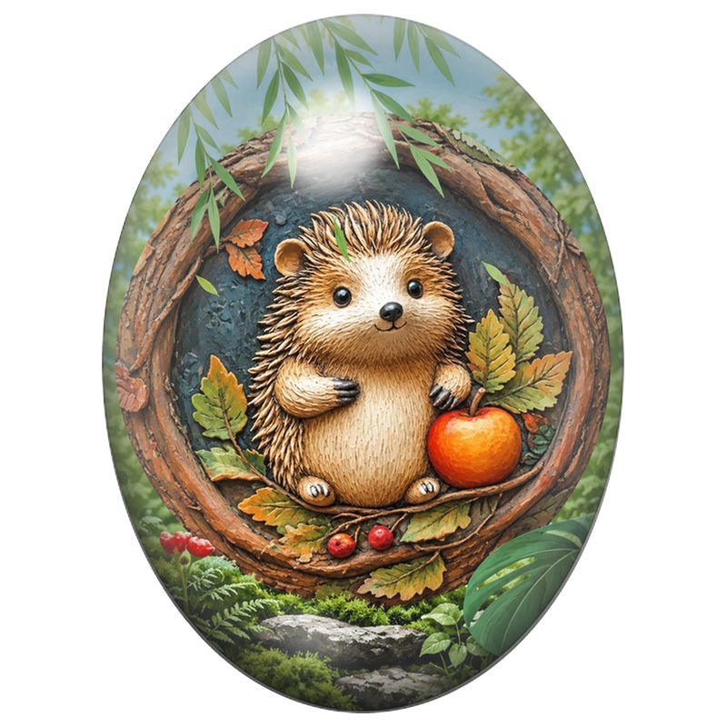 Cabochon en Verre Illustré Hérisson et Pomme dans un Cadre de Bois 13x18, 18x25 ou 30x40mm