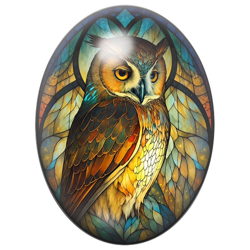 Cabochon en Verre Illustré Hibou Ambré Façon Vitrail 13x18, 18x25 ou 30x40mm