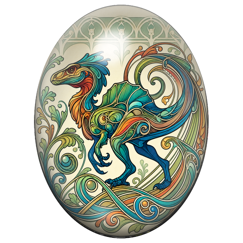 Cabochon en Verre Illustré Dragon Art Nouveau aux Volutes Colorées 13x18, 18x25 ou 30x40mm
